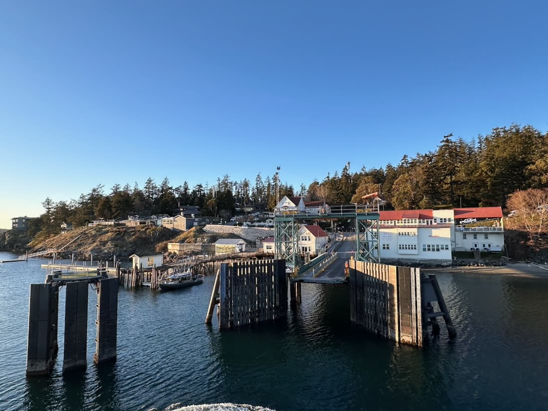 The Orcas Island ferry landing seen from the deck of a departing boat